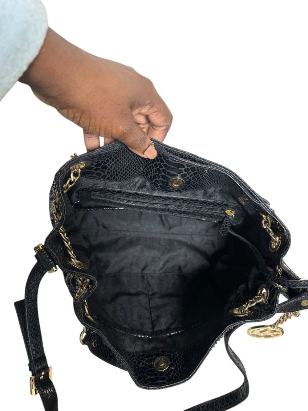 Michael Kors Black Glossy Python Embossed Leather Shoulder Bag Gold Chain Hobo P - Picture 6 of 14